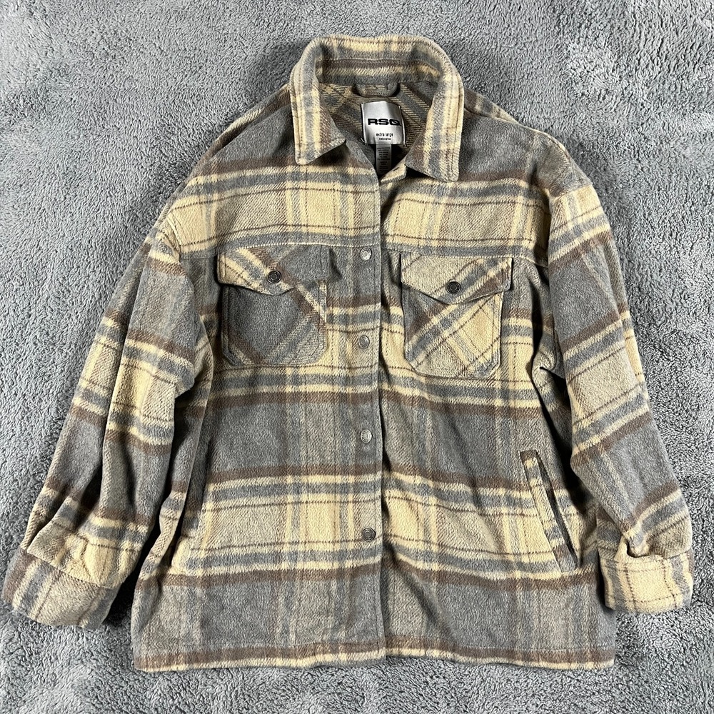 RSQ Flannel Shirt Jacket Mens XL Gray Tan Plaid Wool Blend Collared Snap Front